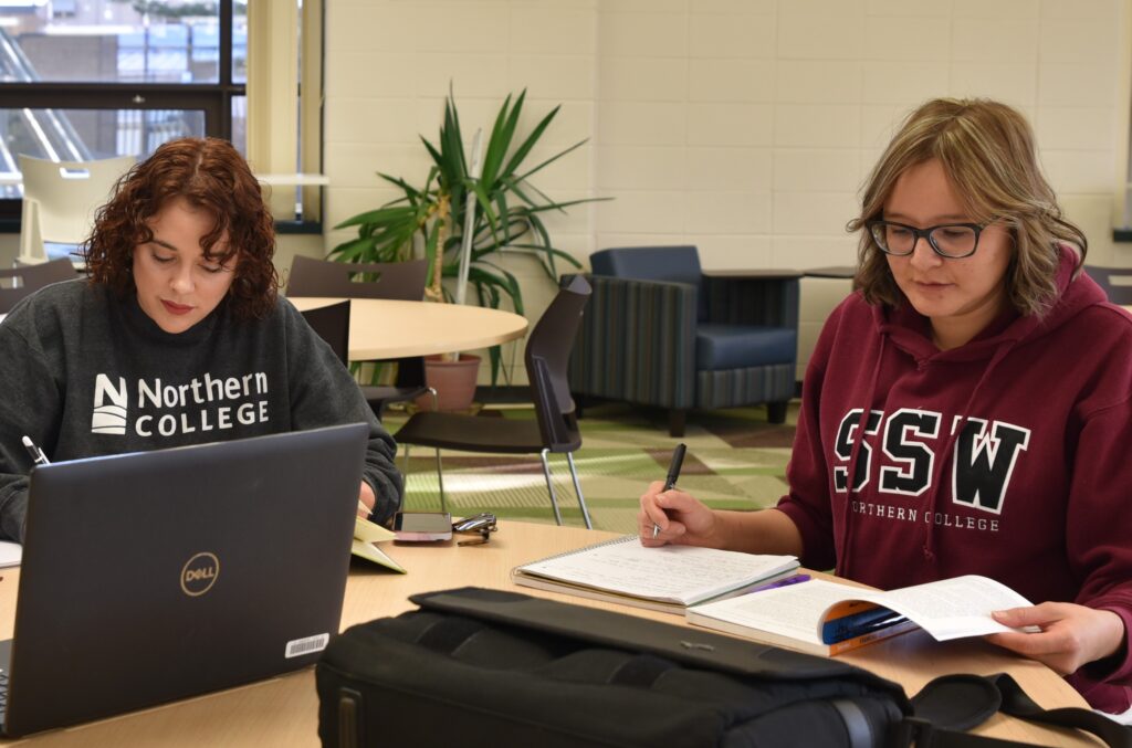 Social Service Worker student studying in library with friend